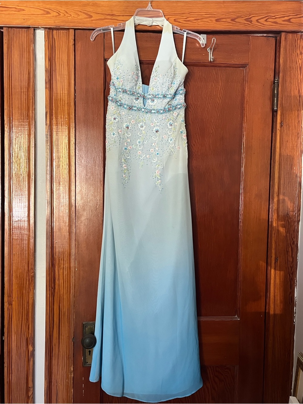 Powder Blue Ombré Halter Beaded and Embroidered Evening Gown/Prom Dress
